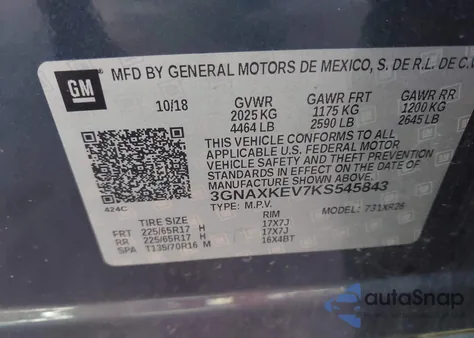 2019 Chevrolet Equinox Lt from USA, damaged, VIN 3GNAXKEV7KS545843